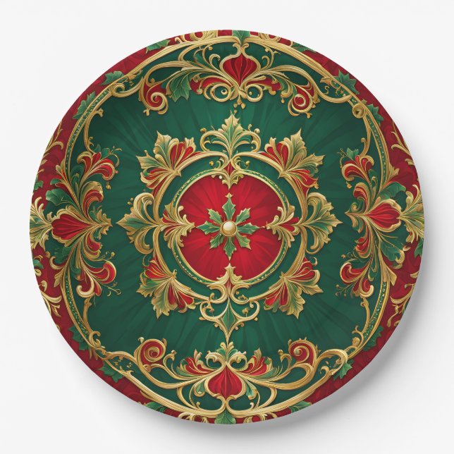 Red Green Floral Decorative Holiday Paper Plate (Front)