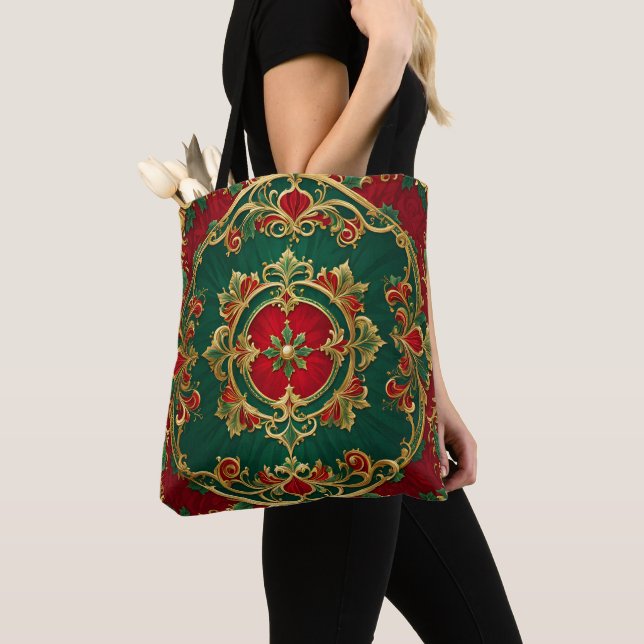 Red Green Floral Decorative Holiday Tote Bag (Close Up)
