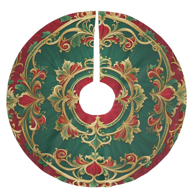 Red Green Floral Decorative Holiday Tree Skirt (Front)