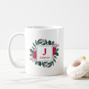 Red Green Floral Elegant Monogram Name Christmas Coffee Mug