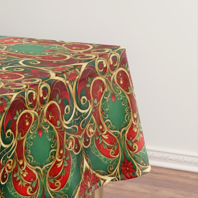 Red Green Floral Holiday Tablecloth (In Situ)