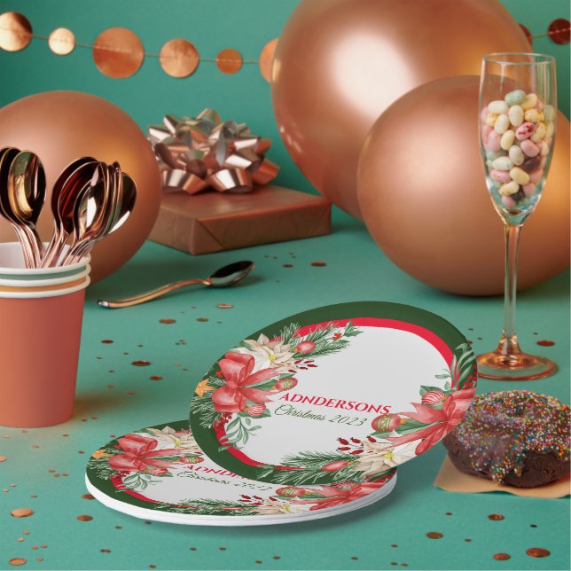 Red Green Floral Merry Christmas Party Paper Plate (Multi)