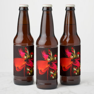 Red Green Floral Modern Abstract Art Pattern #02 Beer Bottle Label