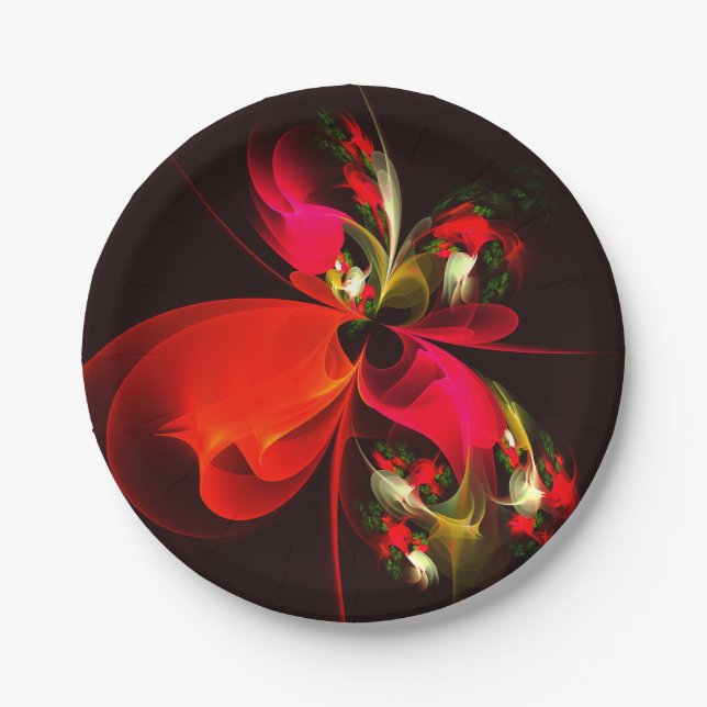 Red Green Floral Modern Abstract Art Pattern #02 Paper Plate (Front)