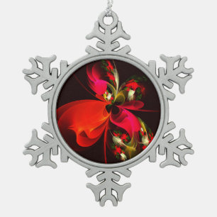 Red Green Floral Modern Abstract Art Pattern #02 Snowflake Pewter Christmas Ornament