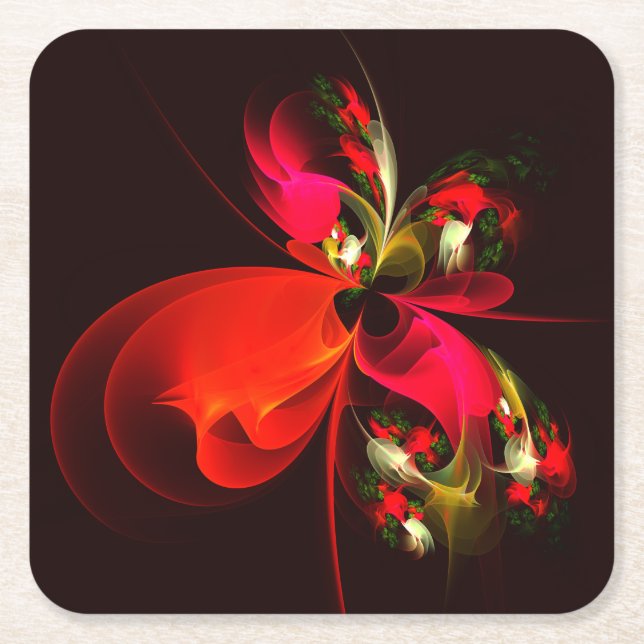 Red Green Floral Modern Abstract Art Pattern #02 Square Paper Coaster (Front)