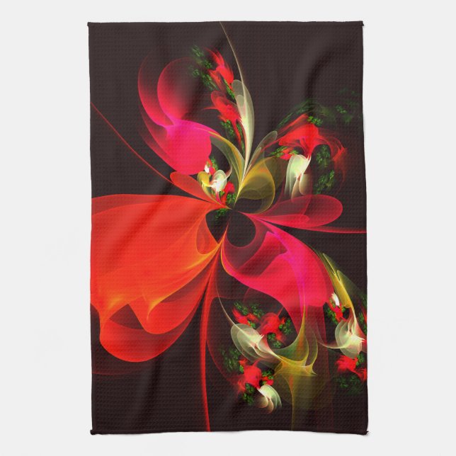 Red Green Floral Modern Abstract Art Pattern #02 Tea Towel (Vertical)