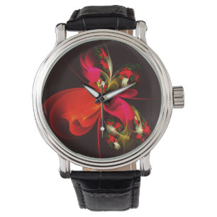 Red Green Floral Modern Abstract Art Pattern #02 Watch