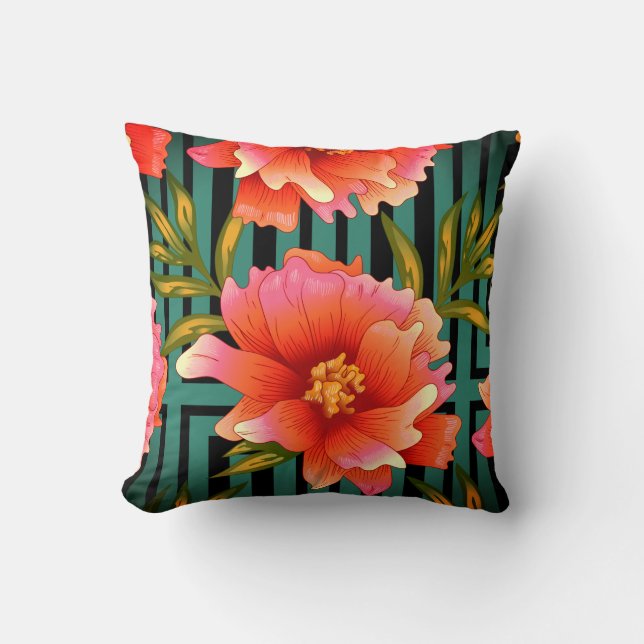 Red & Green Floral Print Throw Pillow (Front)