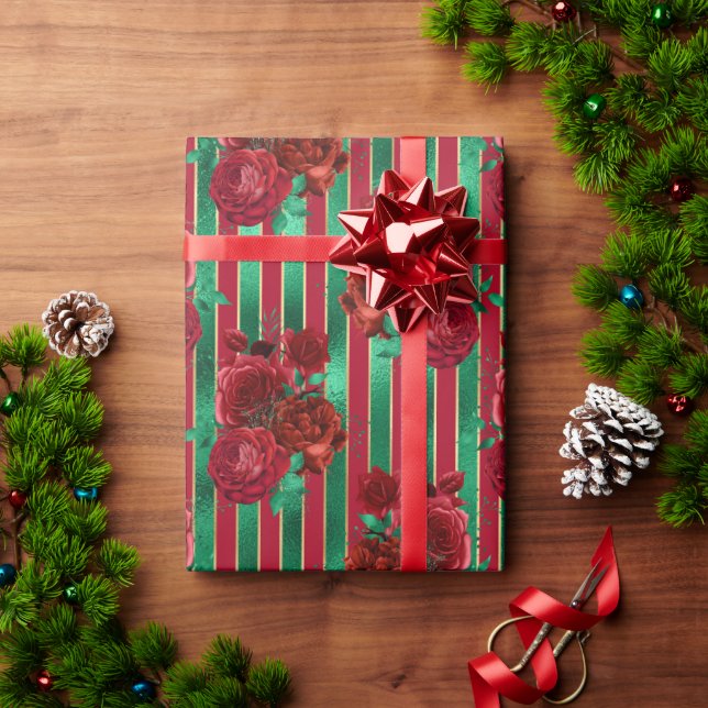 Red Green Floral Roses Metallic Holiday Christmas Wrapping Paper (Holiday Gift)