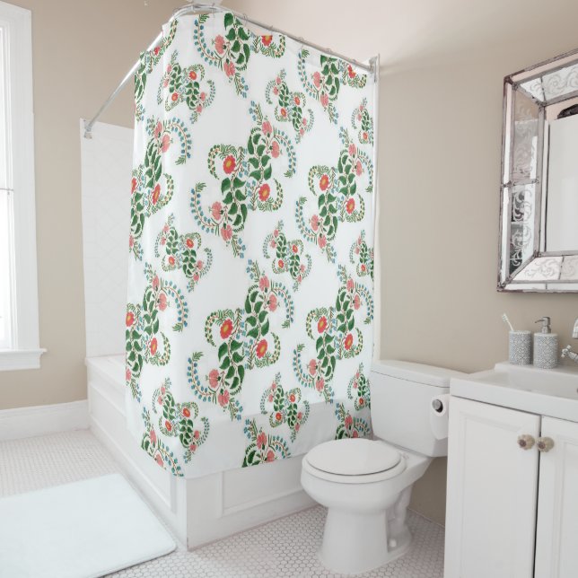 Red Green Floral Seamless New Year Xmas White Shower Curtain (In Situ)
