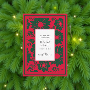 Red Green Floral Vintage Watercolor Holiday Card