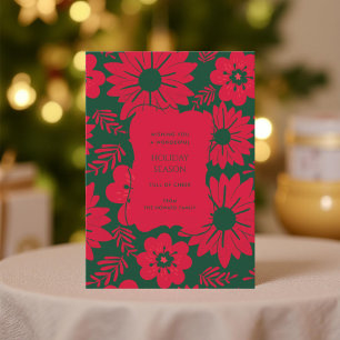 Red Green Floral Vintage Watercolor Holiday Card
