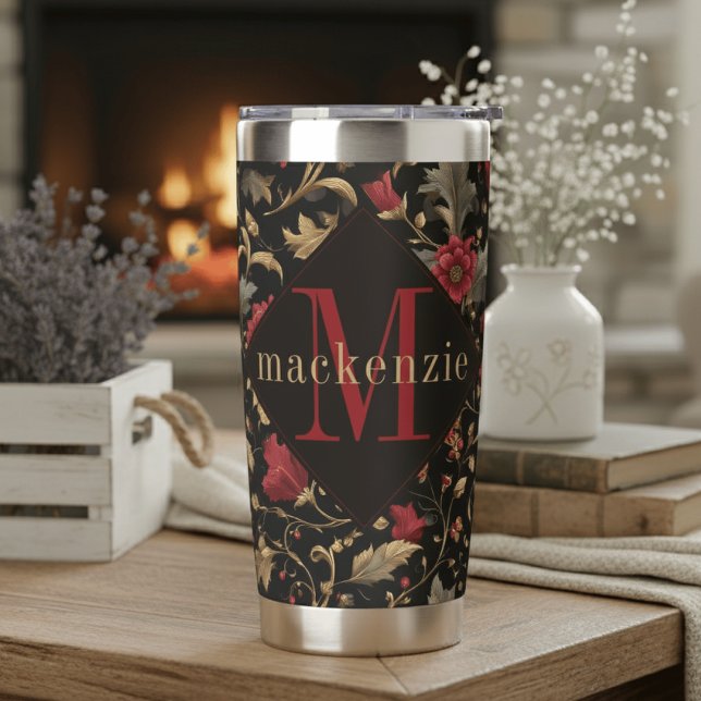 Red Green Floral William Morris Elegant Monogram Insulated Tumbler (Creator Uploaded)