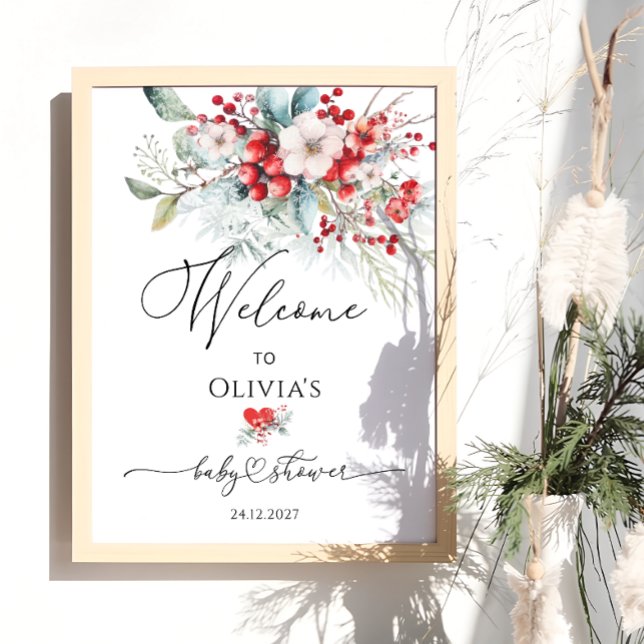 Red Green Floral Winter Baby Shower Welcome Poster (Creator Uploaded)
