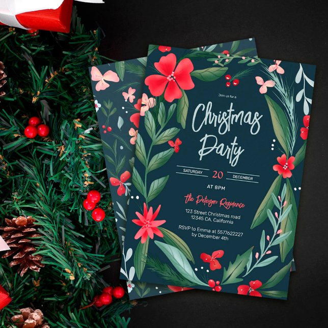 Red green floral wreath pattern Christmas Invitation (Creator Uploaded)