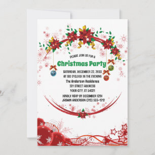 Red green floral wreath pattern  Christmas  Invitation