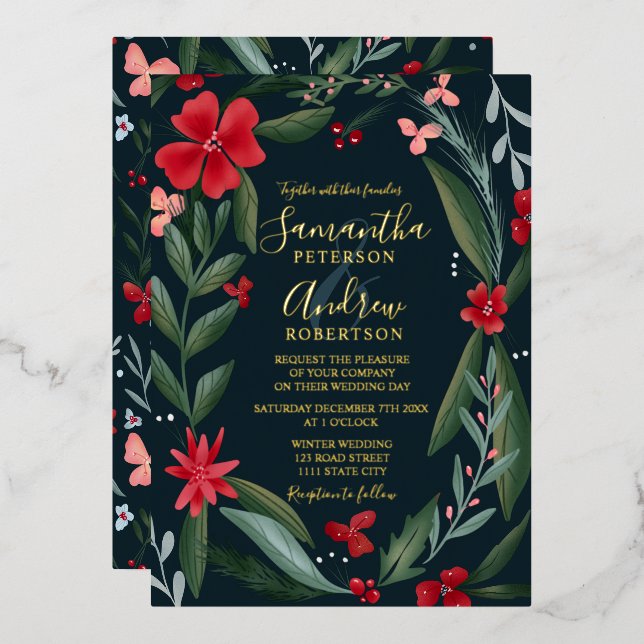 Red green floral wreath pattern wedding (Front/Back)