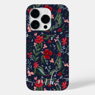 Red green floral wreath pattern winter monogram Case-Mate iPhone 14 pro case