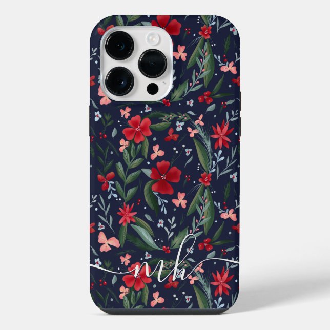 Red green floral wreath pattern winter monogram iPhone case (Back)