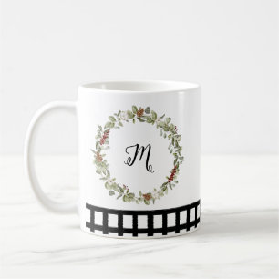 Red Green Floral Wreath Watercolor Black Checked  Coffee Mug