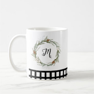 Red Green Floral Wreath Watercolor Black Checked  Coffee Mug
