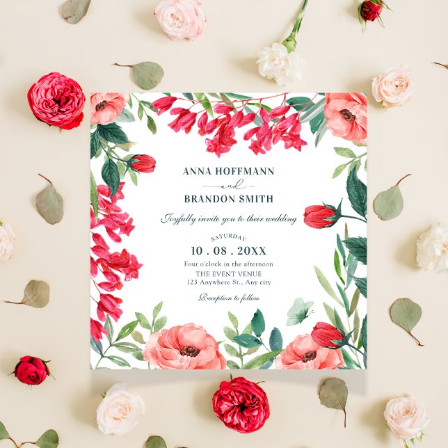 Red green floral wreath wedding  invitation (Creator Uploaded)