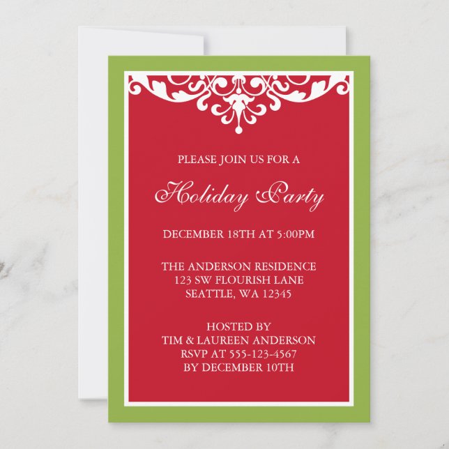 Red Green Flourish Scroll Christmas Holiday Party Invitation (Front)