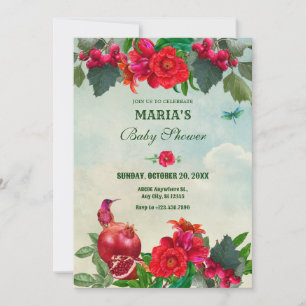 Red Green Flowers Bird Retro baby shower Invitation