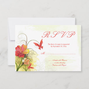 Red green flowers + butterfly wedding rsvp reply card