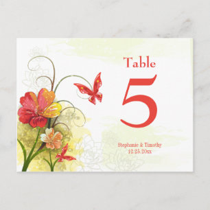 Red green flowers + butterfly wedding table number postcard