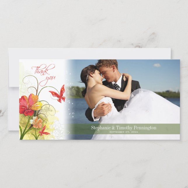 Red green flowers + butterfly wedding thank you (Front)