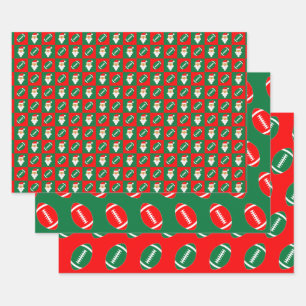 Red & Green Football & Santa Matching Christmas Wrapping Paper Sheet