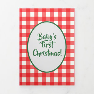 Red & Green Gingham Photo Baby's First Christmas Tri-Fold Holiday Card