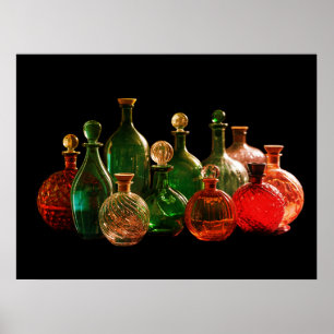 Red + Green Glass Bottles Black Background Wall Poster