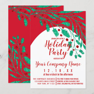 Red Green Glitter Holly and Ivy Corporate Holiday Invitation