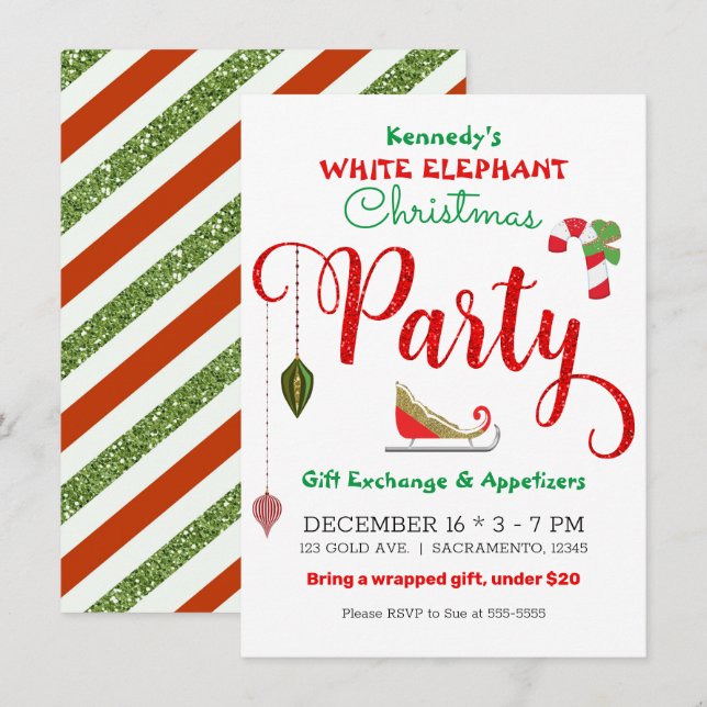Red Green Glitter White Elephant Christmas Party Invitation (Front/Back)