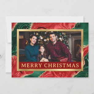 Red. Green & Gold Agate Family Photo Christmas Holiday Card