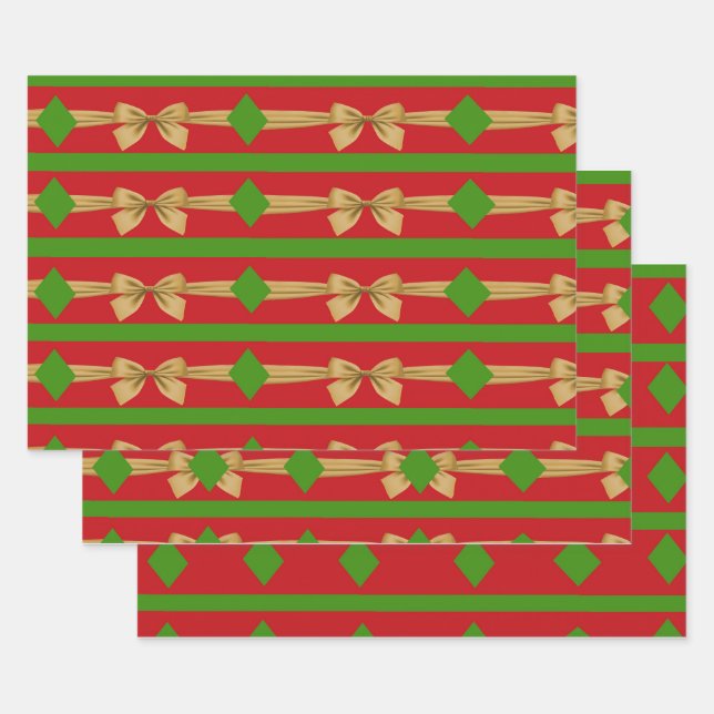 Red green gold bows Christmas  Wrapping Paper Sheet (Set)