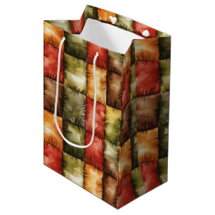 Red Green Gold Brown Squares Birthday Medium Gift Bag