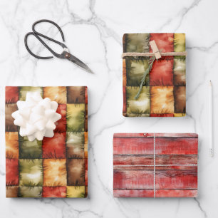 Red Green Gold Brown Squares Faux Wood Birthday Wrapping Paper Sheet