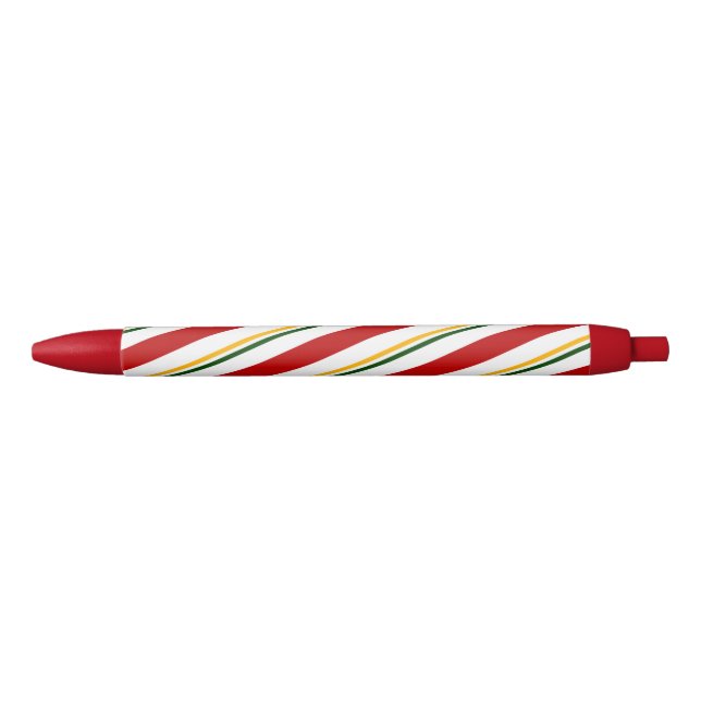 Red Green & Gold Candy Cane Stripes Christmas Black Ink Pen (Front)