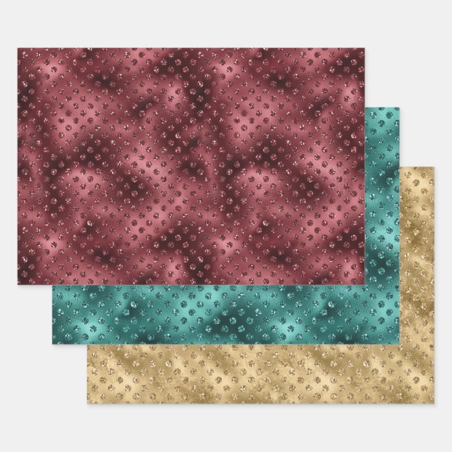 Red Green Gold Christmas Glitter Dots    Wrapping Paper Sheet (Set)