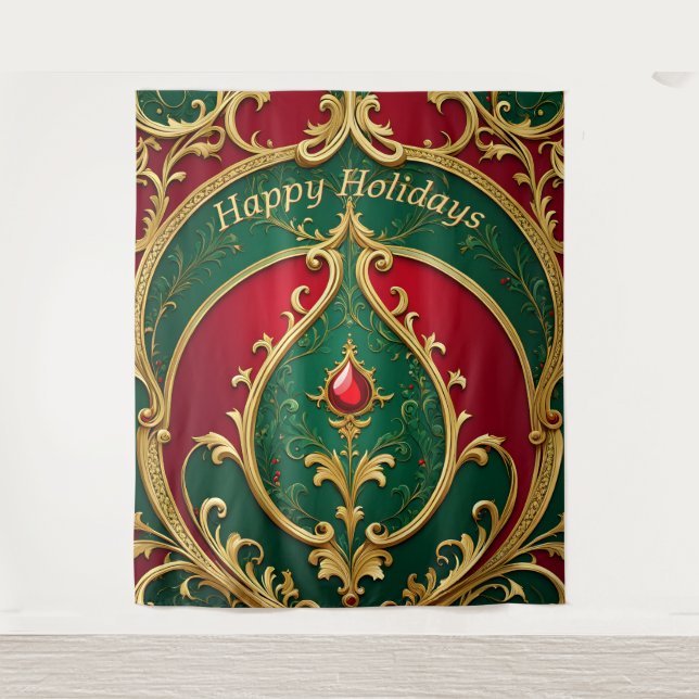 Red Green Gold Christmas Holiday Backdrop Tapestry (Front)
