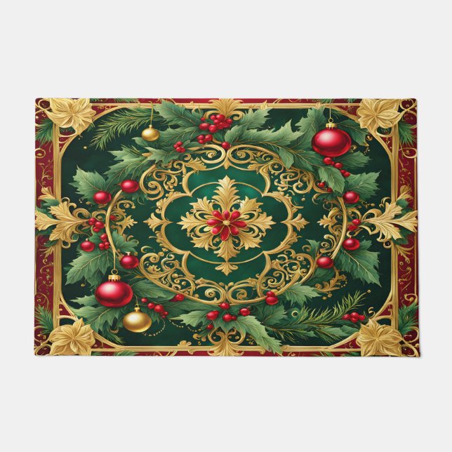 Red Green Gold Christmas Holiday Doormat (Front)