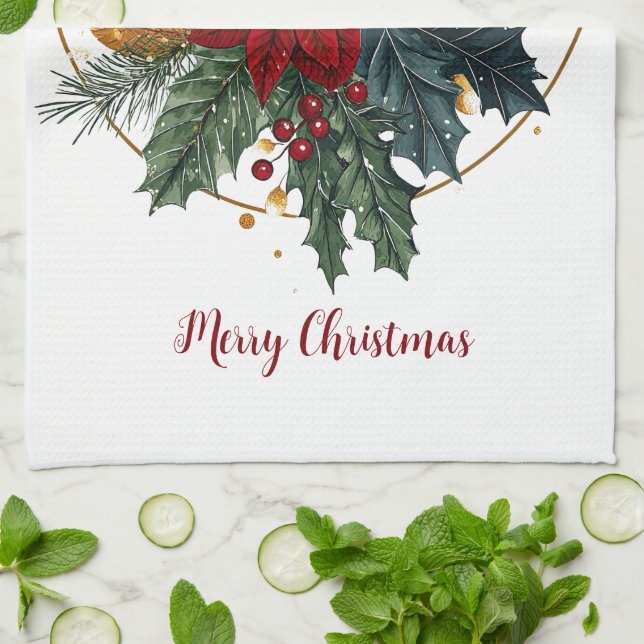 Red Green Gold Christmas Holiday Floral Botanicals Tea Towel (Folded)