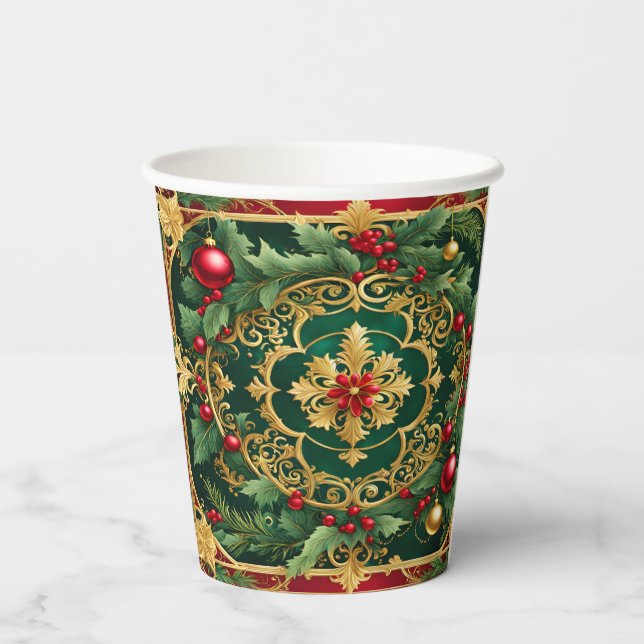 Red Green Gold Christmas Holiday Paper Cups (Back)