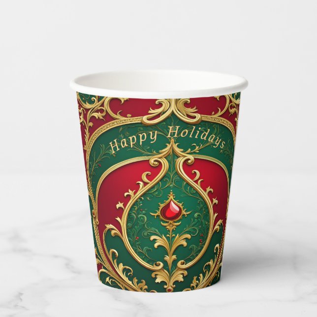 Red Green Gold Christmas Holiday Paper Cups (Back)
