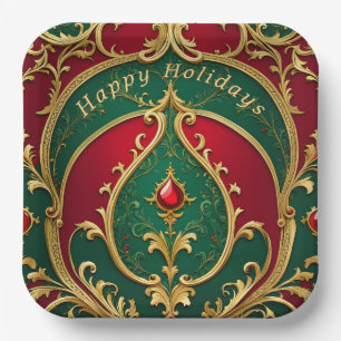 Red Green Gold Christmas Holiday Paper Plate