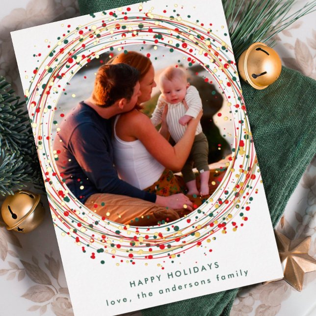 Red Green Gold Christmas Paint Photo Happy Foil Holiday Card (Creator Uploaded)